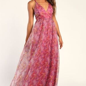 LuLu Bloom Wildly Magenta Floral Organza Maxi Dress -SizeL